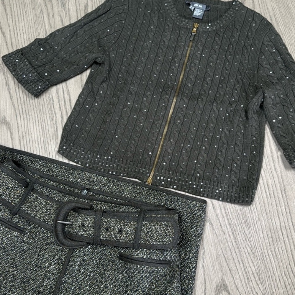 Per Se Olive Cable Knit Cardigan with Twinkling Micro Sequins - Size M